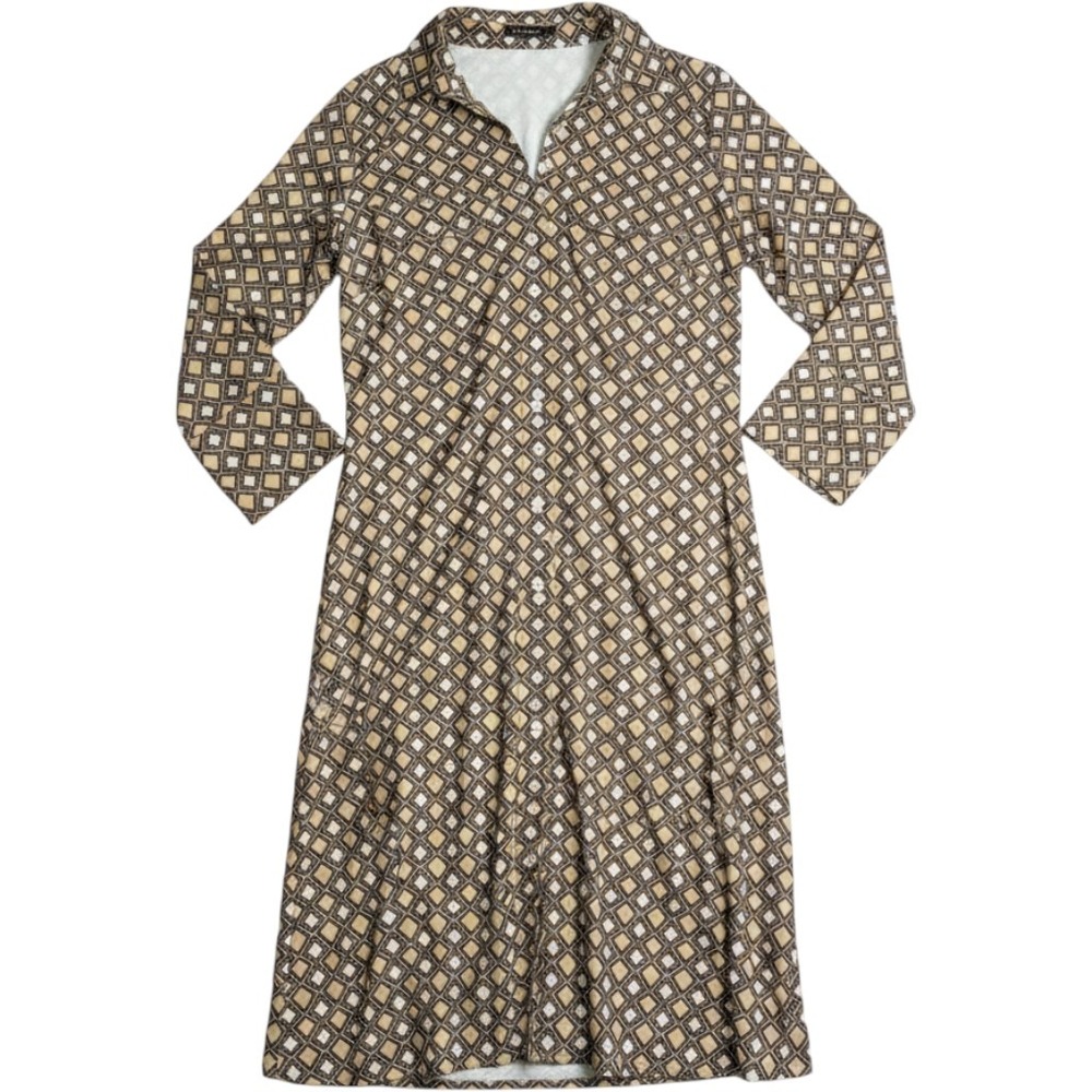 J.McLaughlin Catalina Cloth Geometric Diamond Button Front Shirt Dress Tan Small